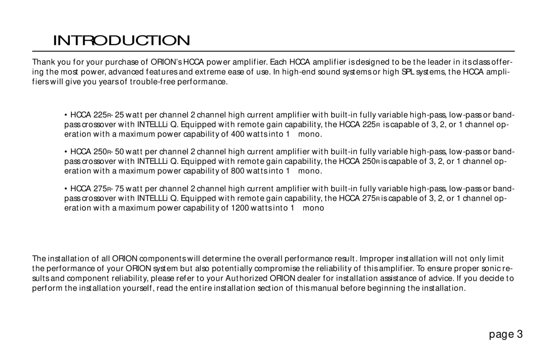 Orion Car Audio HCCA 225R, HCCA 250R, HCCA 275R, 250R & 275R owner manual Introduction 