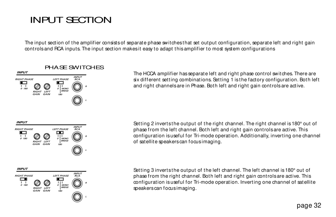 Orion Car Audio 250R & 275R, HCCA 225R, HCCA 250R, HCCA 275R owner manual Input Section, Phase Switches 