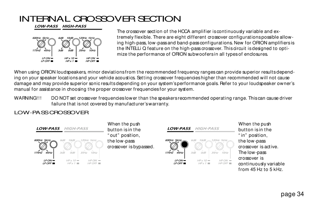 Orion Car Audio 250R & 275R, HCCA 225R, HCCA 250R, HCCA 275R owner manual Internal Crossover Section, LOW-PASS Crossover 