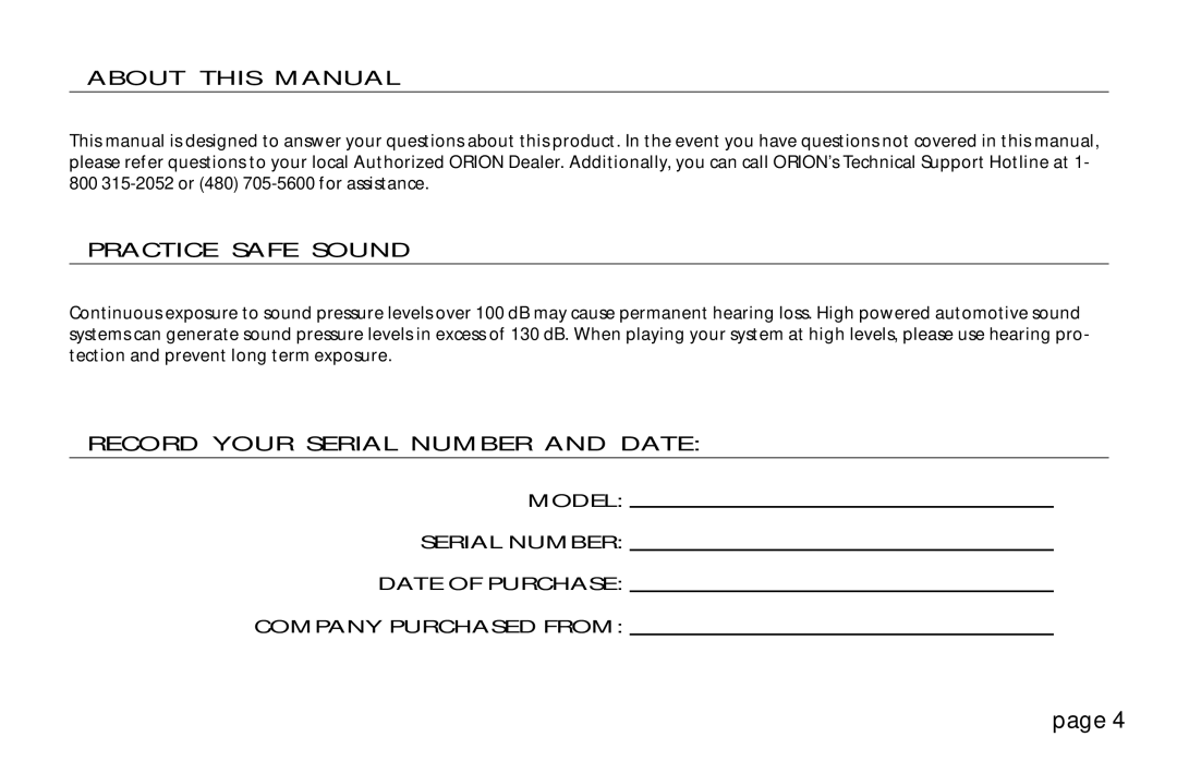 Orion Car Audio 250R & 275R owner manual About this Manual, Model Serial Number Date of Purchase Company Purchased from 