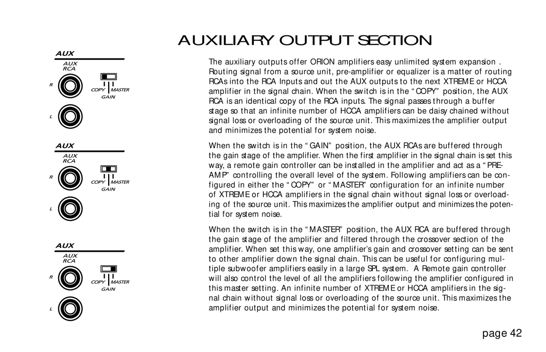 Orion Car Audio 250R & 275R, HCCA 225R, HCCA 250R, HCCA 275R owner manual Auxiliary Output Section 