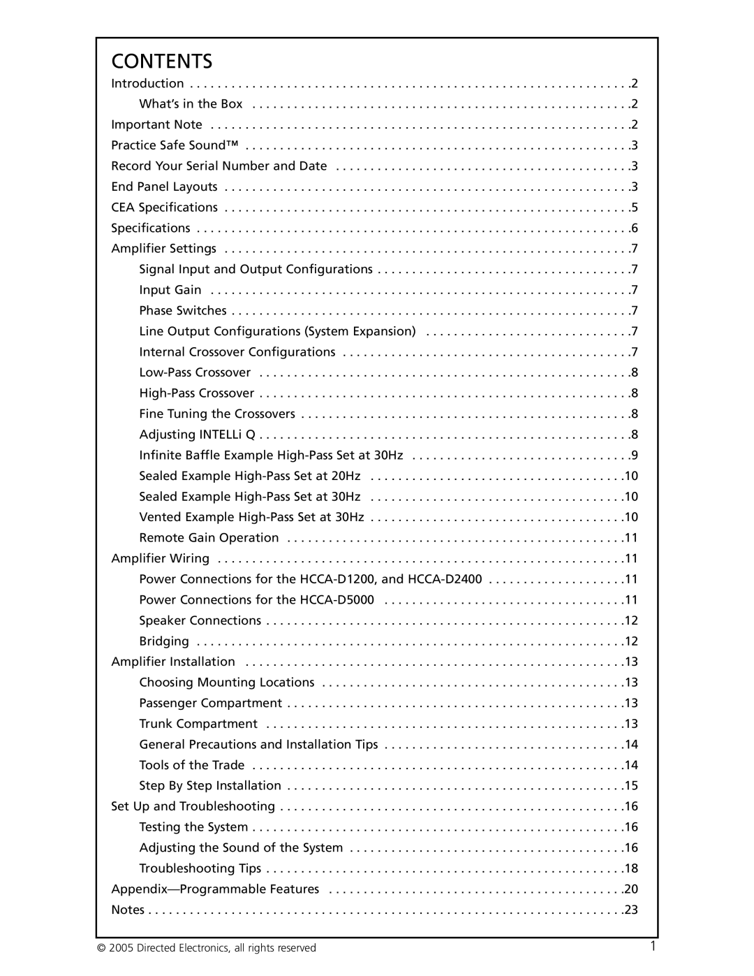 Orion Car Audio HCCA-D1200, HCCA-D2400, HCCA-D5000 manual Contents 