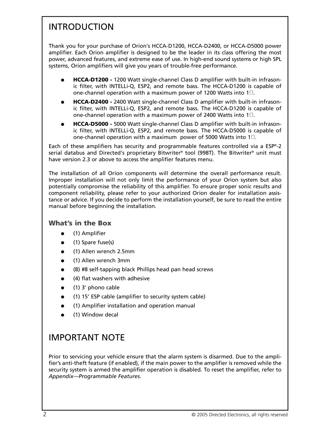 Orion Car Audio HCCA-D1200, HCCA-D2400, HCCA-D5000 manual Introduction, Important Note, What’s in the Box 