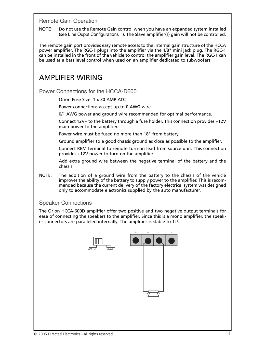 Orion Car Audio manual Amplifier Wiring, Remote Gain Operation, Power Connections for the HCCA-D600, Speaker Connections 