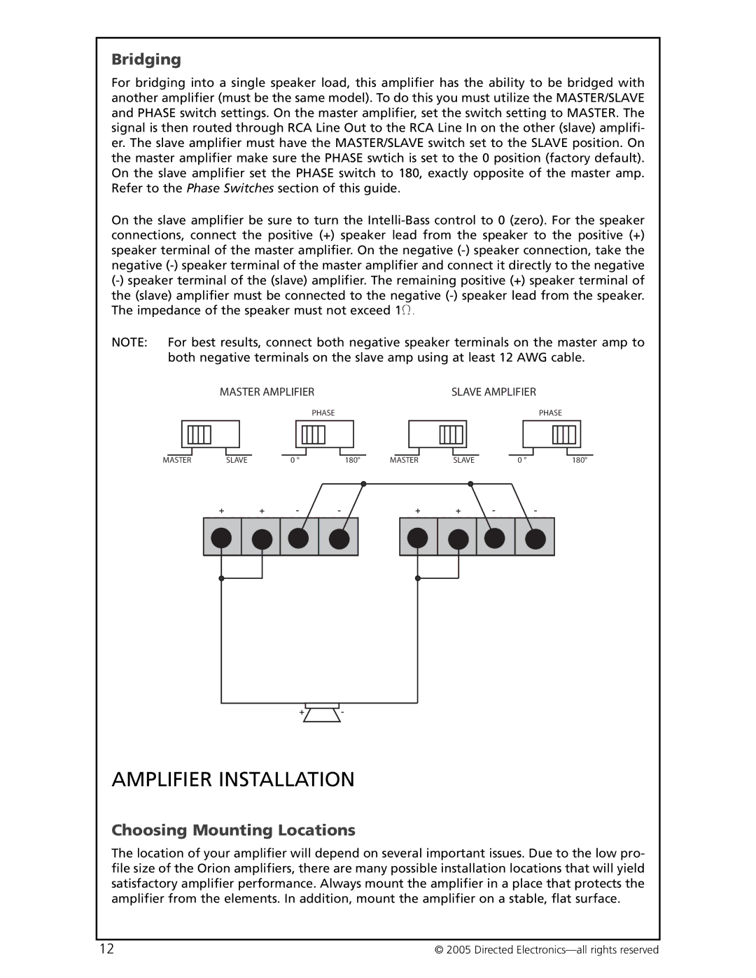 Orion Car Audio HCCA-D600 manual Amplifier Installation, Bridging, Choosing Mounting Locations 