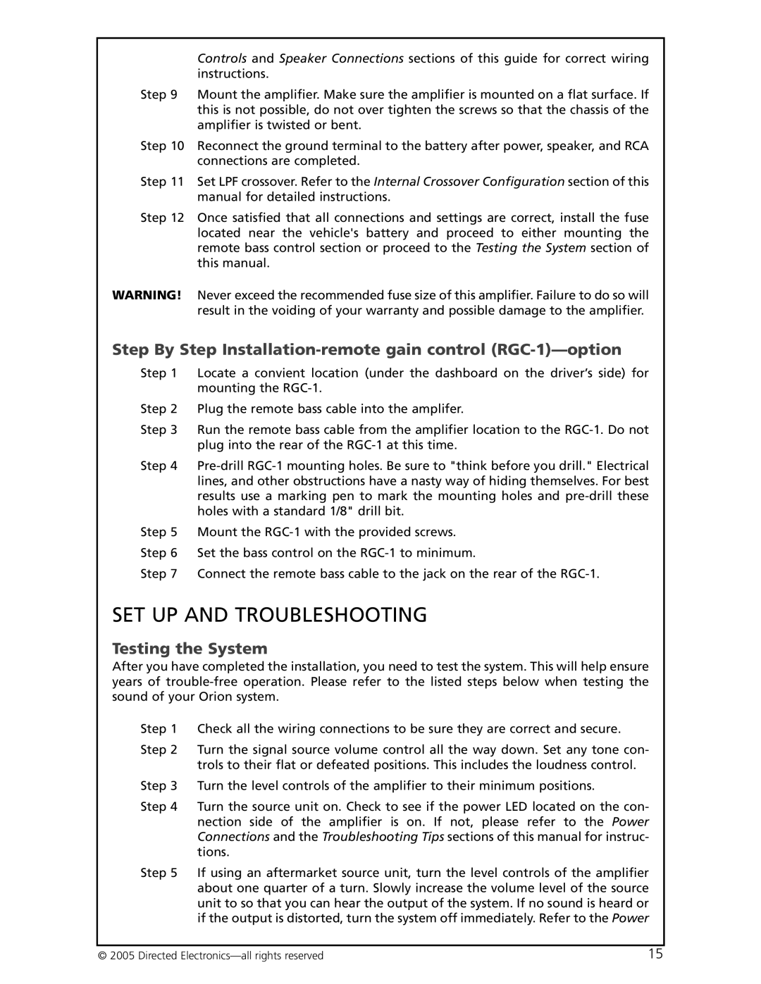 Orion Car Audio HCCA-D600 manual SET UP and Troubleshooting, Step By Step Installation-remote gain control RGC-1-option 