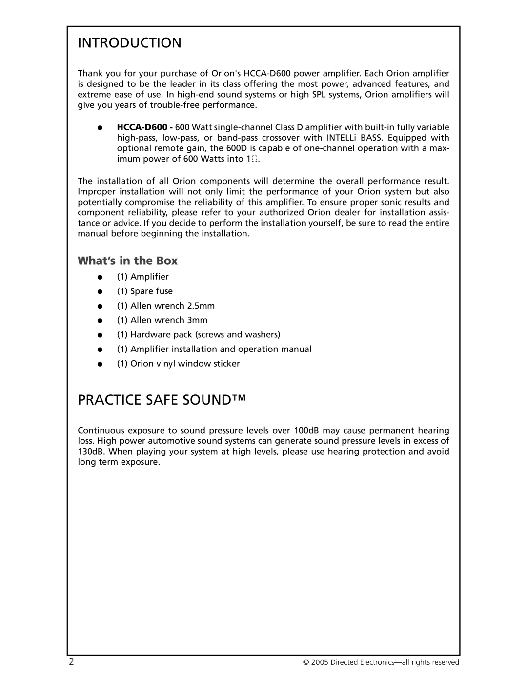 Orion Car Audio HCCA-D600 manual Introduction, Practice Safe Sound, What’s in the Box 