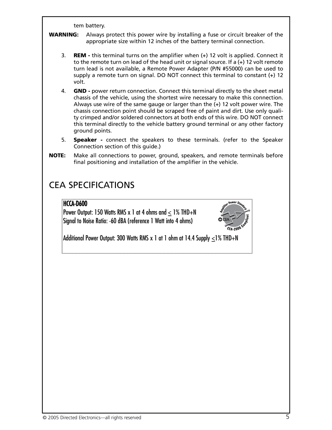 Orion Car Audio HCCA-D600 manual CEA Specifications 