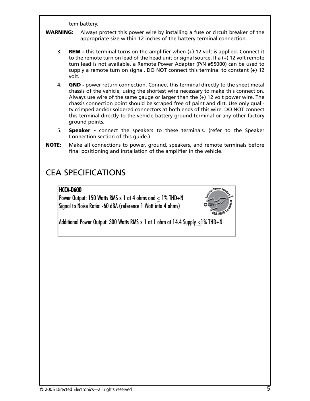 Orion Car Audio HCCA-D600 manual Cea Specifications 