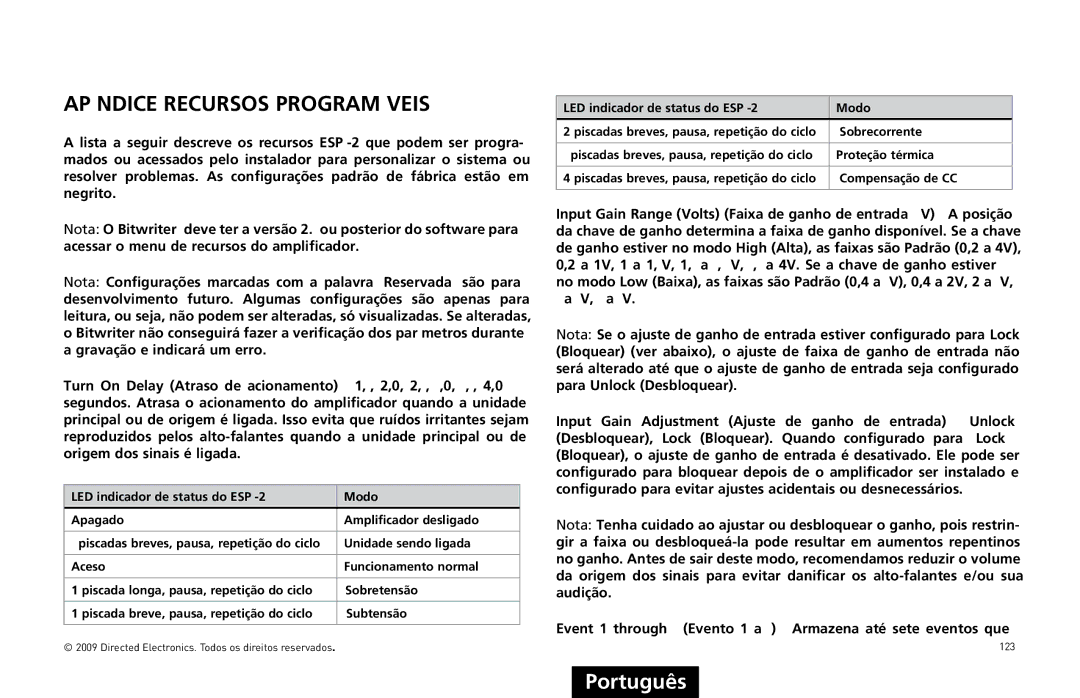 Orion Car Audio HCCA10004, HCCA10002 owner manual APÊNDICE-RECURSOS Programáveis 