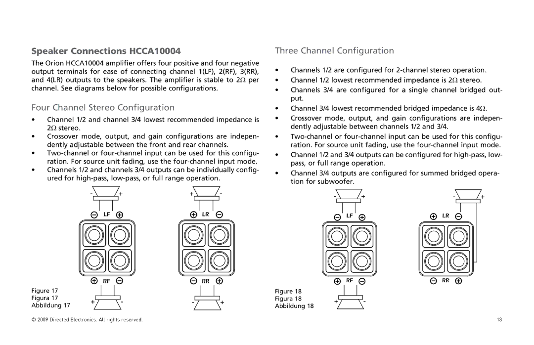 Orion Car Audio HCCA10004, HCCA10002 owner manual 3PEAKERA#ONNECTIONSC##!, Four Channel Stereo Configuration 