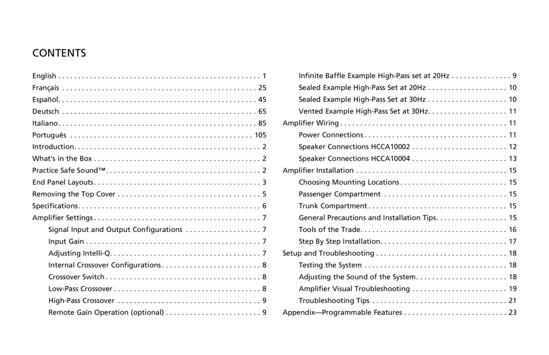 Orion Car Audio HCCA10004, HCCA10002 owner manual Contents 