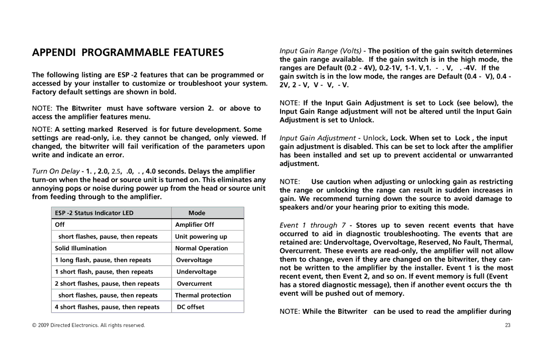 Orion Car Audio HCCA10004, HCCA10002 owner manual APPENDIX-PROGRAMMABLE Features 