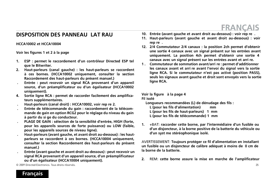 Orion Car Audio HCCA10004, HCCA10002 owner manual Français, Disposition DES Panneaux Latéraux 