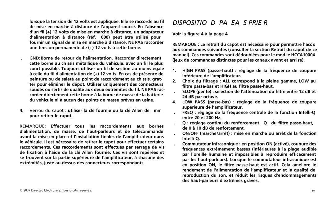 Orion Car Audio HCCA10002, HCCA10004 owner manual Disposition DU Panneau Supérieur 