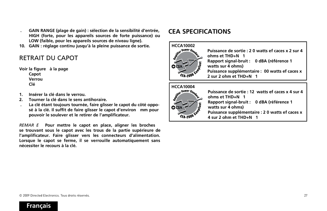 Orion Car Audio HCCA10004, HCCA10002 owner manual Retrait DU Capot 