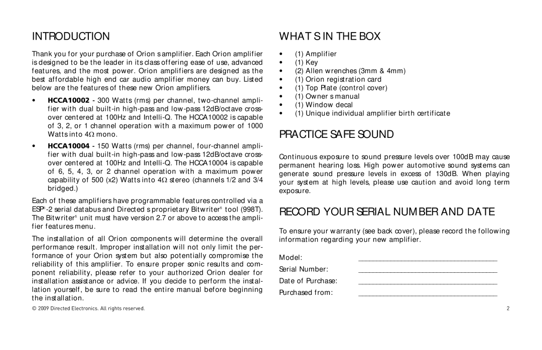 Orion Car Audio HCCA10002 Introduction, WHAT’S in the BOX, Practice Safe Sound, Record Your Serial Number and Date 