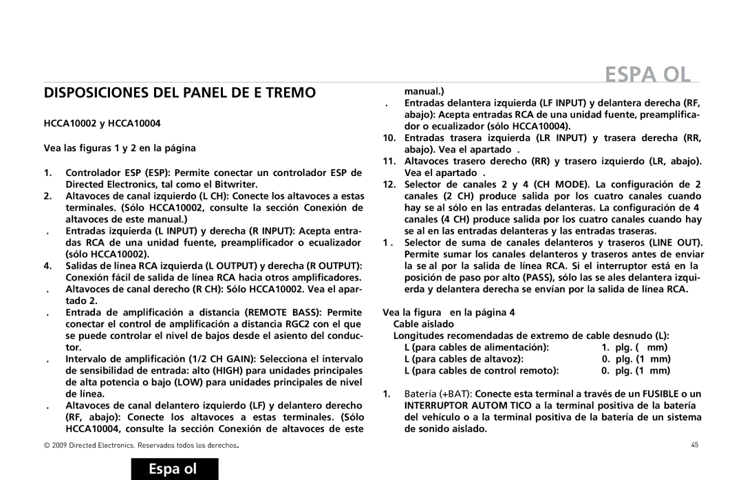 Orion Car Audio HCCA10004, HCCA10002 owner manual Español, Disposiciones DEL Panel DE Extremo 