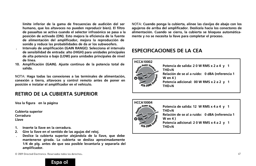 Orion Car Audio HCCA10004, HCCA10002 owner manual Retiro DE LA Cubierta Superior, Especificaciones DE LA CEA 