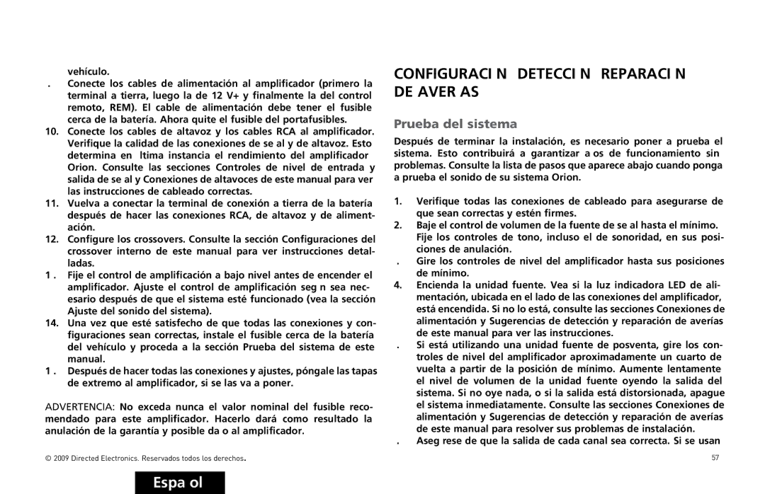 Orion Car Audio HCCA10004, HCCA10002 owner manual Configuración Y Detección Y Reparación DE Averías, 0RUEBA Delesiste a 