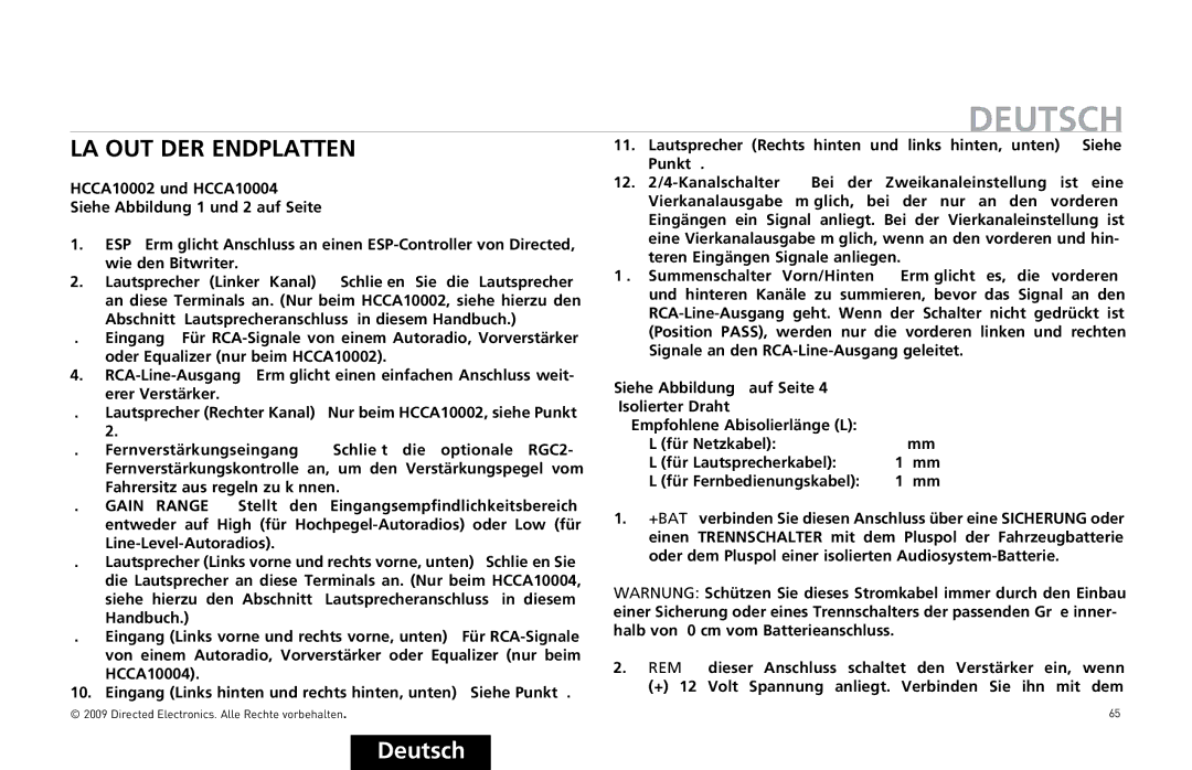 Orion Car Audio HCCA10004, HCCA10002 owner manual Deutsch, Layout DER Endplatten 