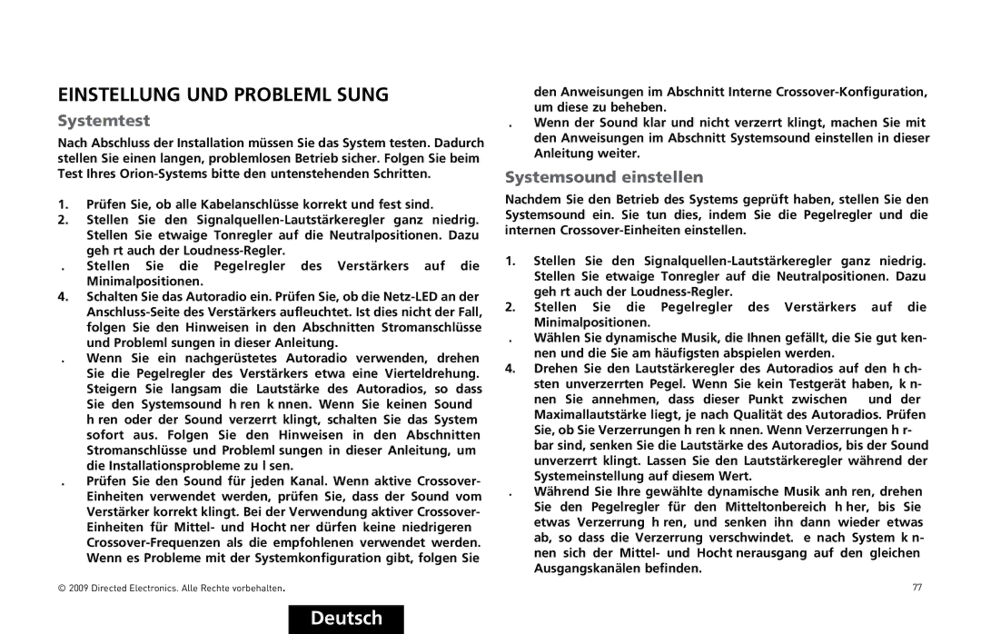 Orion Car Audio HCCA10004, HCCA10002 owner manual Einstellung UND Problemlösung, 3YSTE Test, 3YSTE Soundmeinstellen 