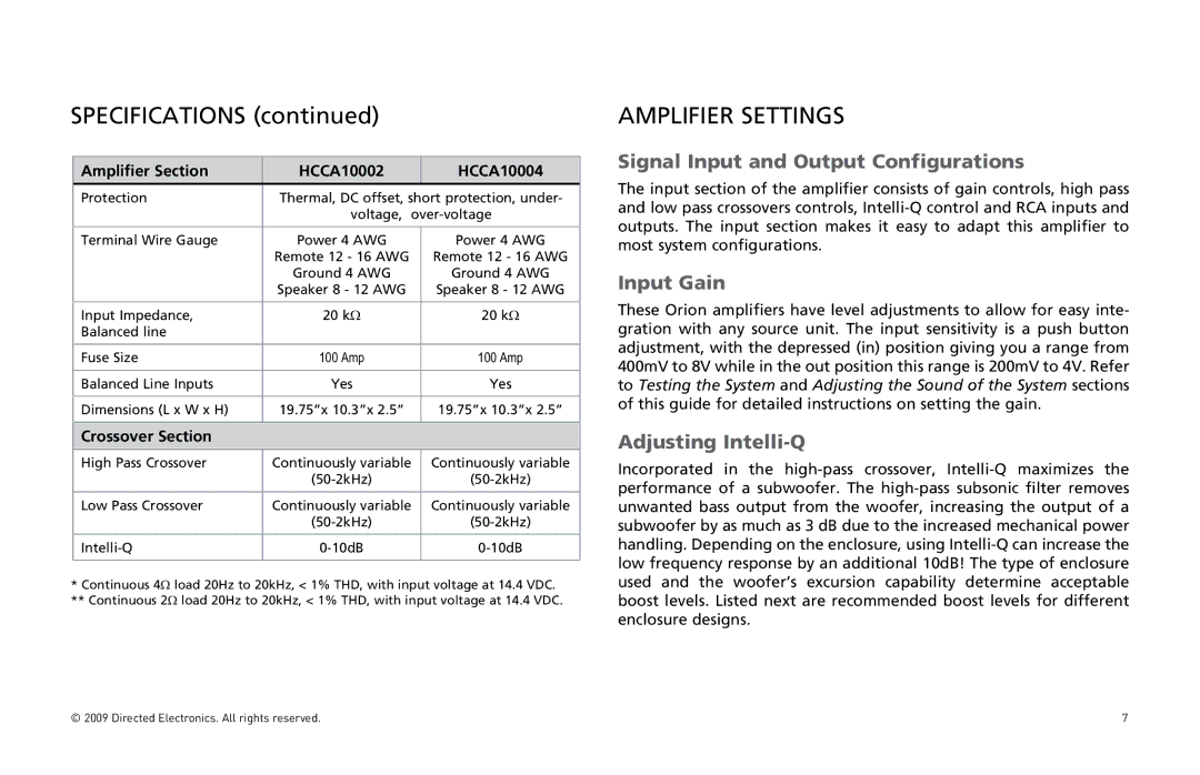 Orion Car Audio HCCA10004, HCCA10002 Amplifier Settings, 3IGNAL NPUTPANDN/UTPUT #ONFIGURATIONS, Nputpain, DJUSTINGSNTELLI1 