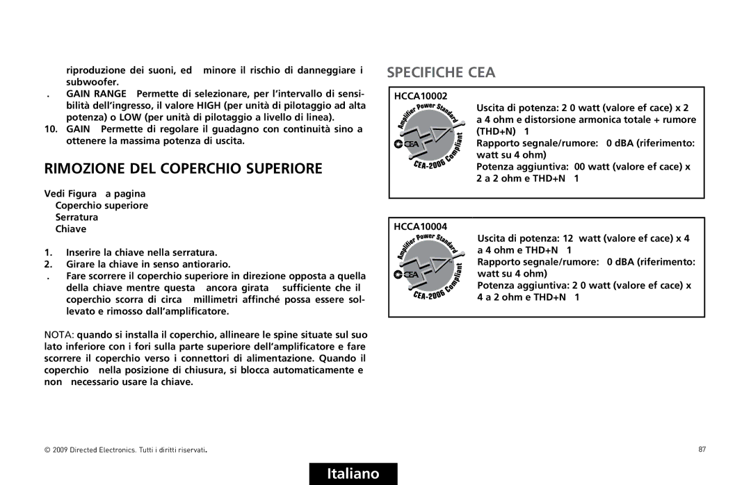 Orion Car Audio HCCA10004, HCCA10002 owner manual Rimozione DEL Coperchio Superiore, Specifiche CEA 