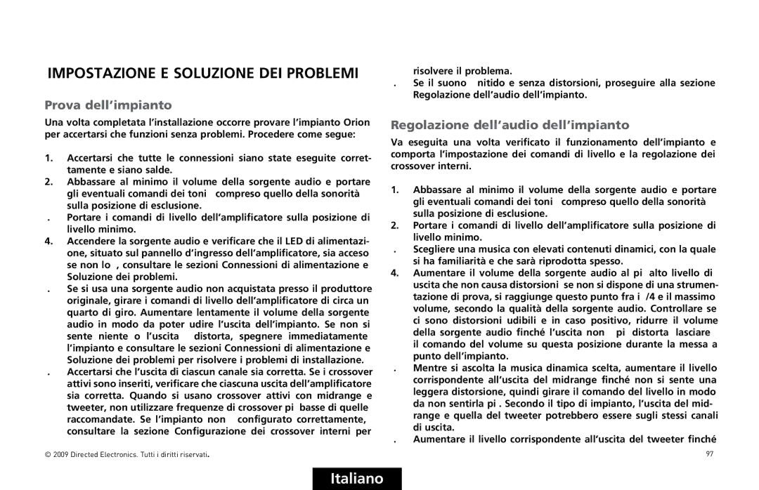 Orion Car Audio HCCA10004 Impostazione E Soluzione DEI Problemi, 0ROVAVDELLI Pianto, 2EGOLAZIONEADELLAUDIO DELLI Pianto 