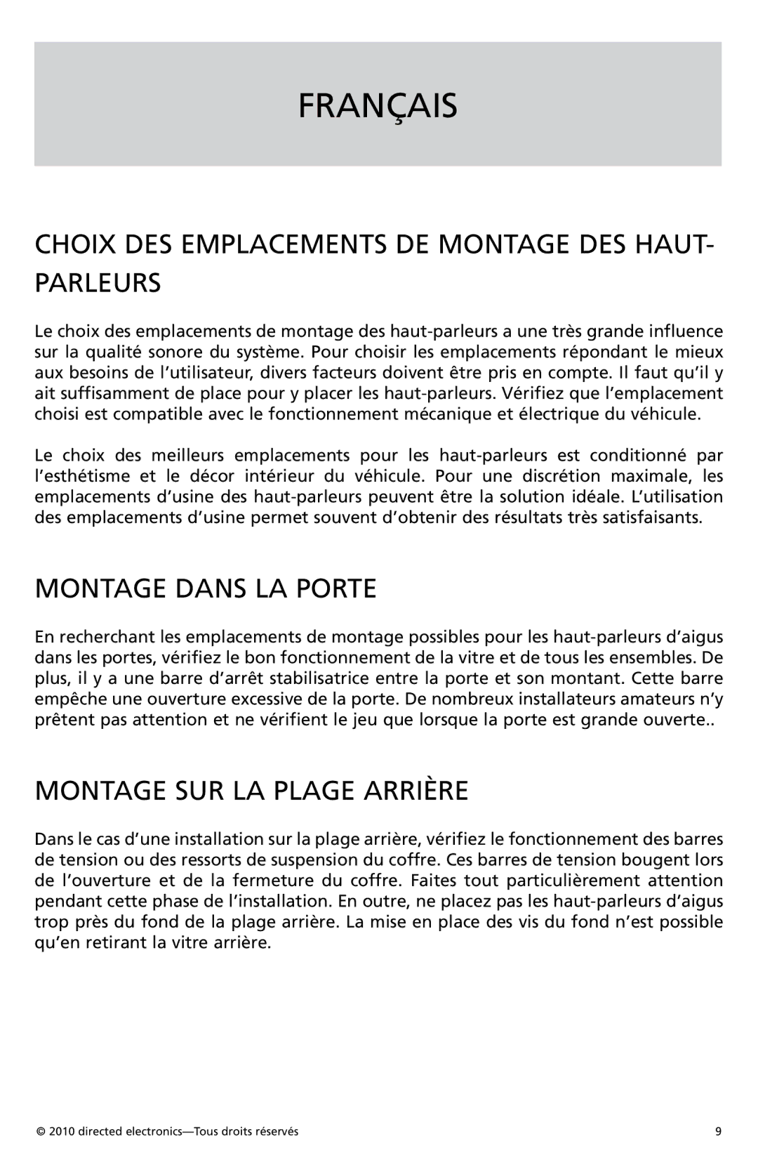 Orion Car Audio HCCA1002 owner manual Français, Choix DES Emplacements DE Montage DES HAUT- Parleurs, Montage Dans LA Porte 