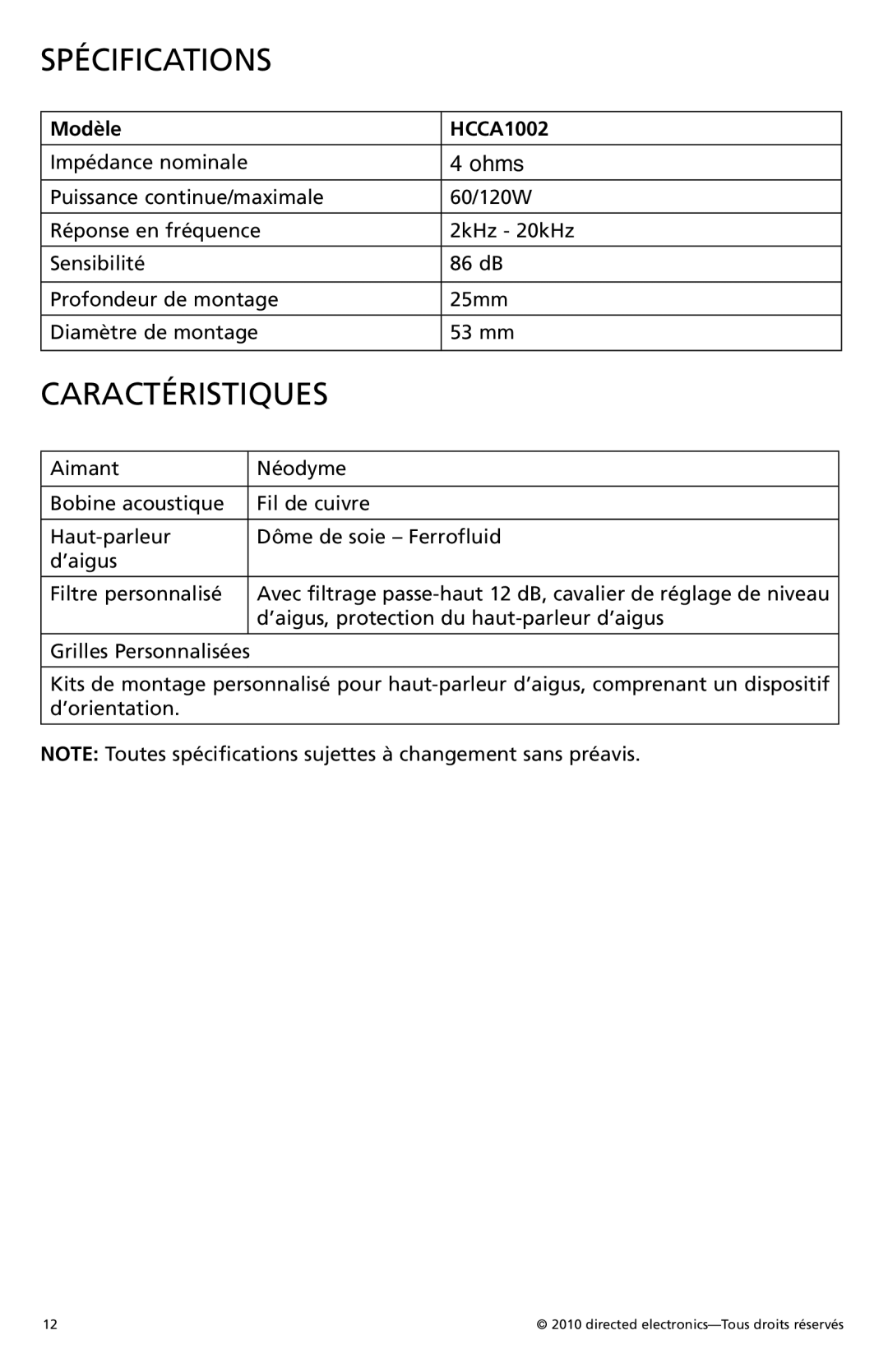 Orion Car Audio HCCA1002 owner manual Spécifications, Caractéristiques 