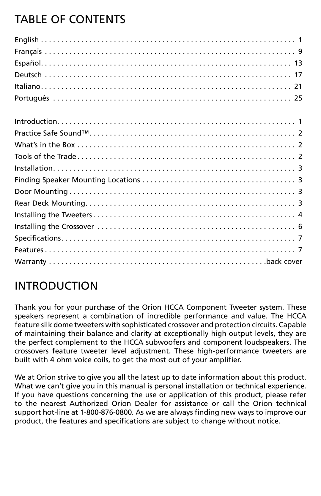 Orion Car Audio HCCA1002 owner manual Table of Contents, Introduction 