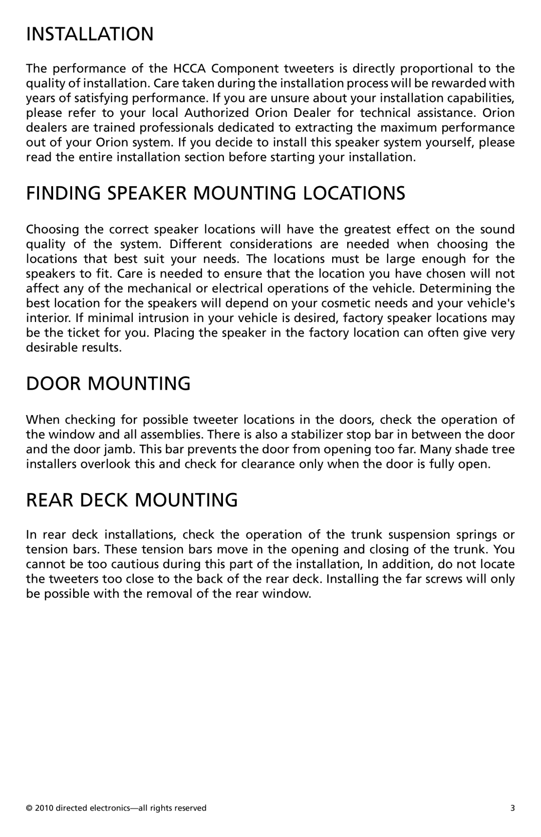 Orion Car Audio HCCA1002 owner manual Installation, Finding Speaker Mounting Locations, Door Mounting, Rear Deck Mounting 