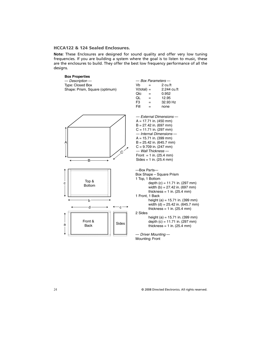 Orion Car Audio HCCA152, HCCA154, HCCA102, HCCA104, HCCA124 owner manual HCCA122 & 124 Sealed Enclosures 