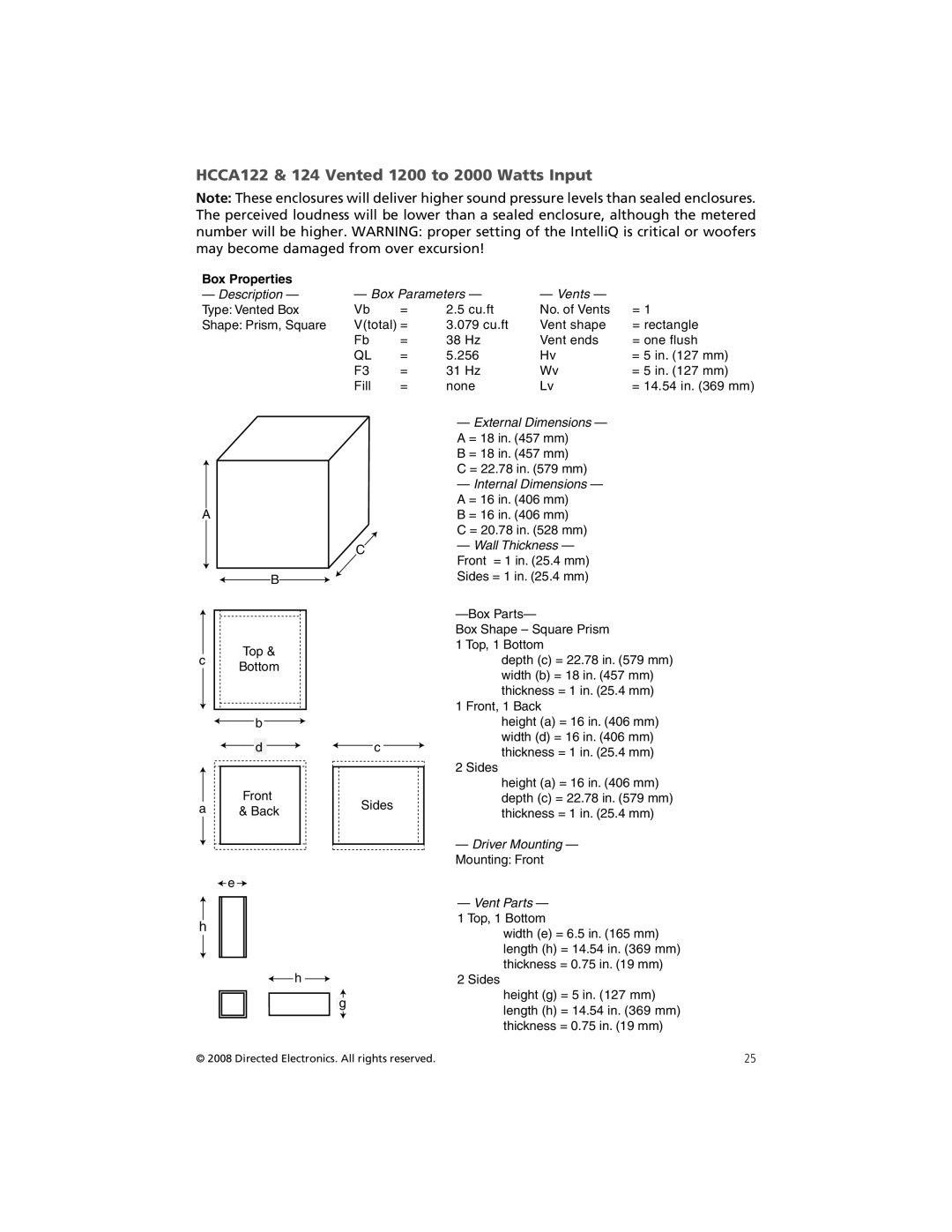 Orion Car Audio HCCA154, HCCA152, HCCA102, HCCA104, HCCA124 owner manual HCCA122 & 124 Vented 1200 to 2000 Watts Input 