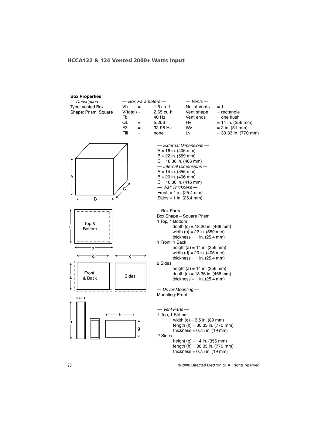 Orion Car Audio HCCA102, HCCA152, HCCA154, HCCA104, HCCA124 owner manual HCCA122 & 124 Vented 2000+ Watts Input 