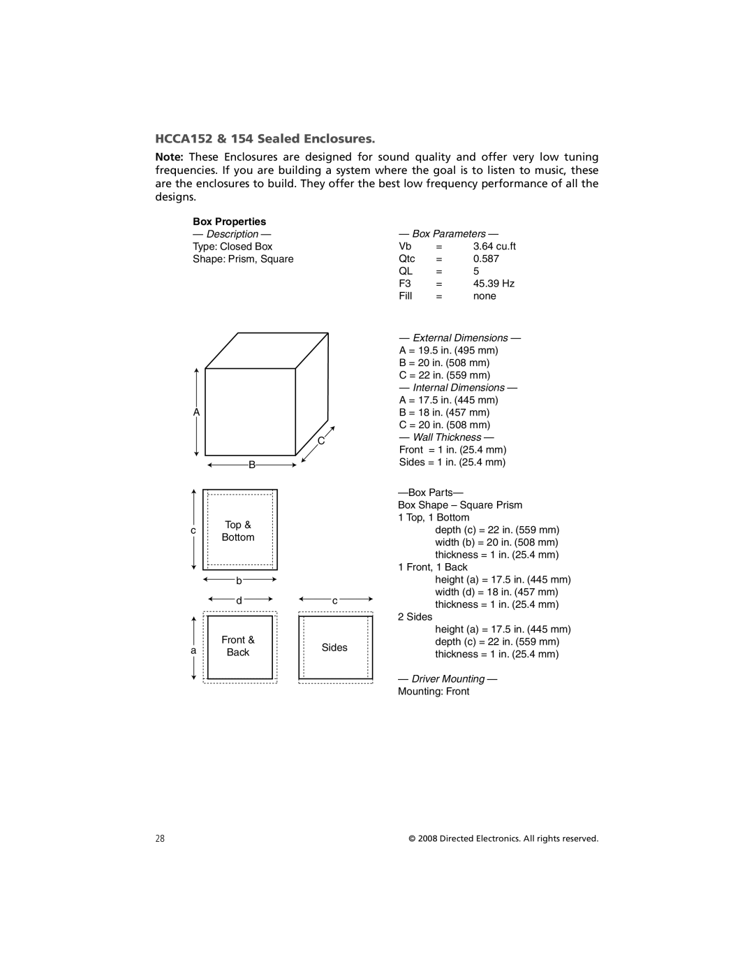 Orion Car Audio HCCA124, HCCA122, HCCA154, HCCA102, HCCA104 owner manual HCCA152 & 154 Sealed Enclosures 