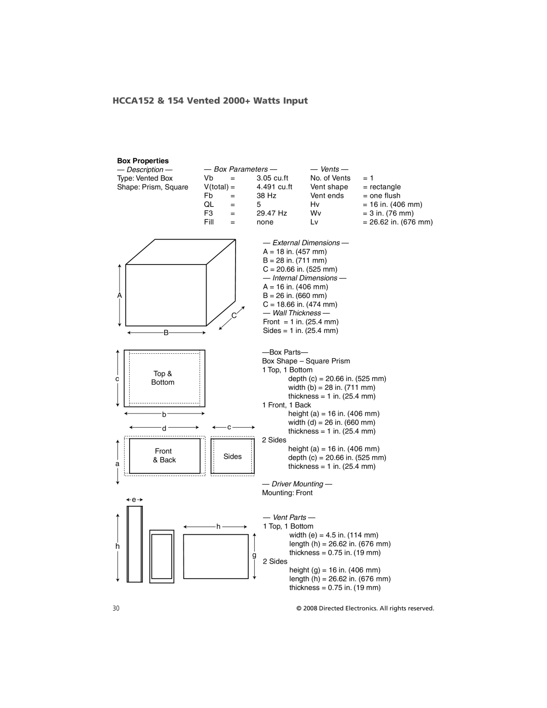 Orion Car Audio HCCA122, HCCA154, HCCA102, HCCA104, HCCA124 HCCA152 & 154 Vented 2000+ Watts Input, Box Parameters Vents 