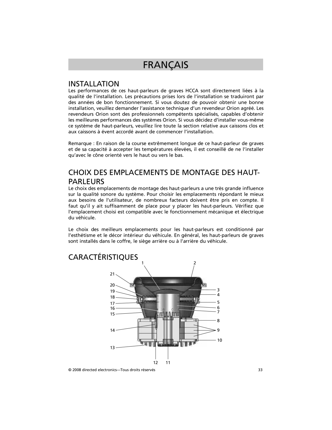 Orion Car Audio HCCA104, HCCA122, HCCA152, HCCA154 Choix DES Emplacements DE Montage DES HAUT- Parleurs, Caractéristiques 