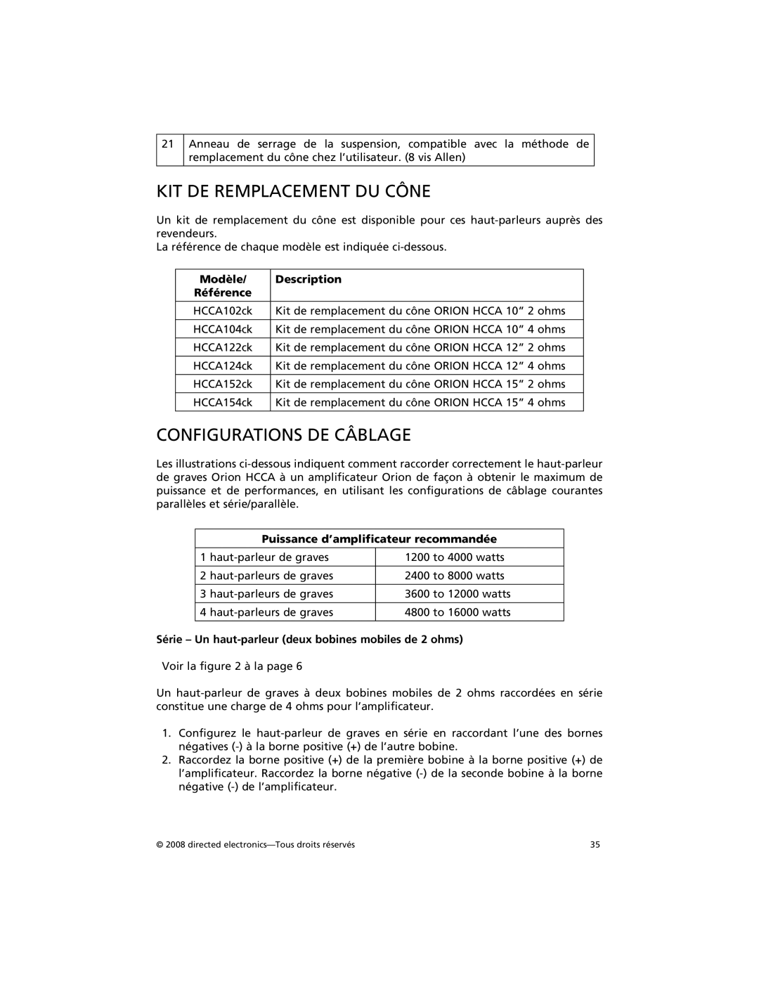 Orion Car Audio HCCA122, HCCA152 KIT DE Remplacement DU Cône, Configurations DE Câblage, Modèle Description Référence 