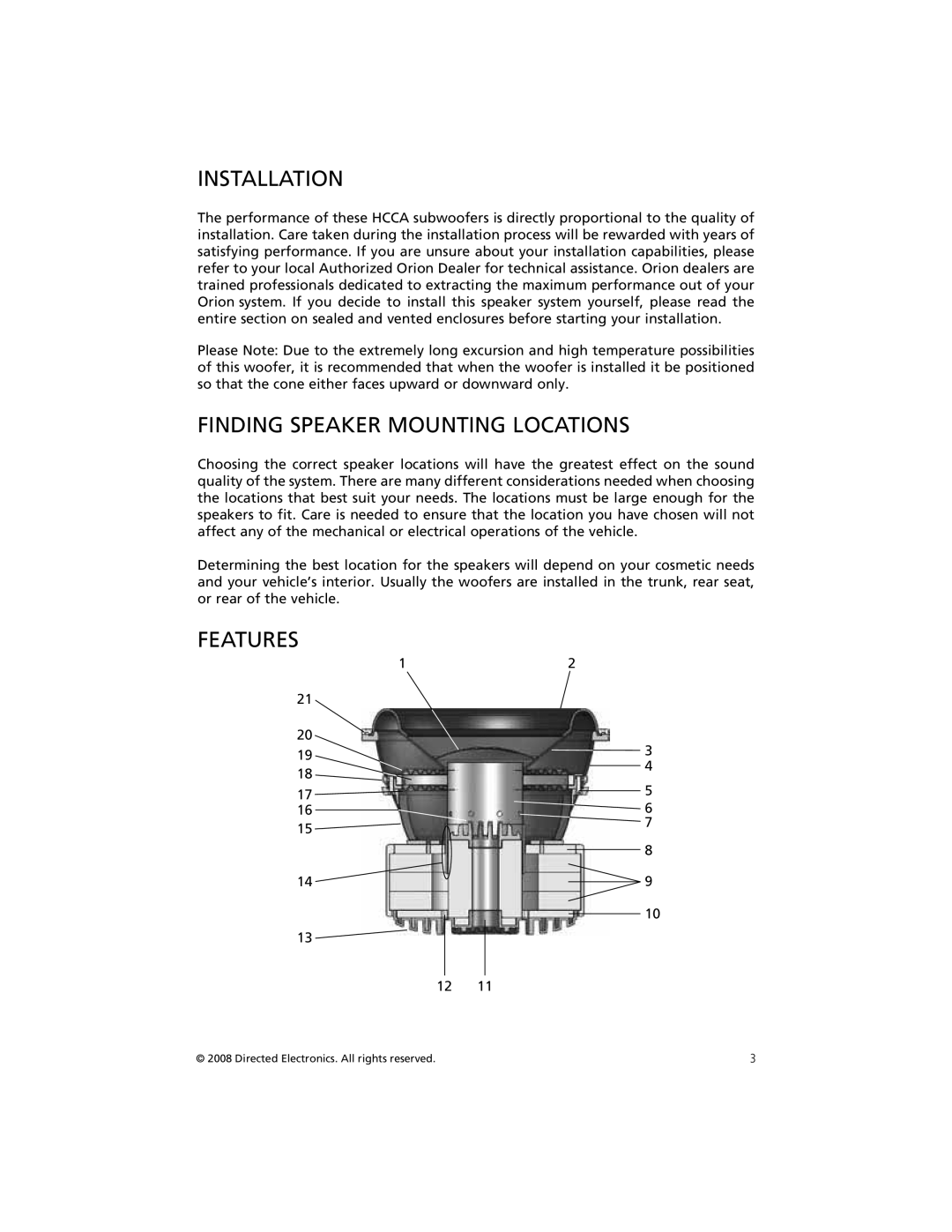 Orion Car Audio HCCA104, HCCA122, HCCA152, HCCA154, HCCA102 Installation, Finding Speaker Mounting Locations, Features 