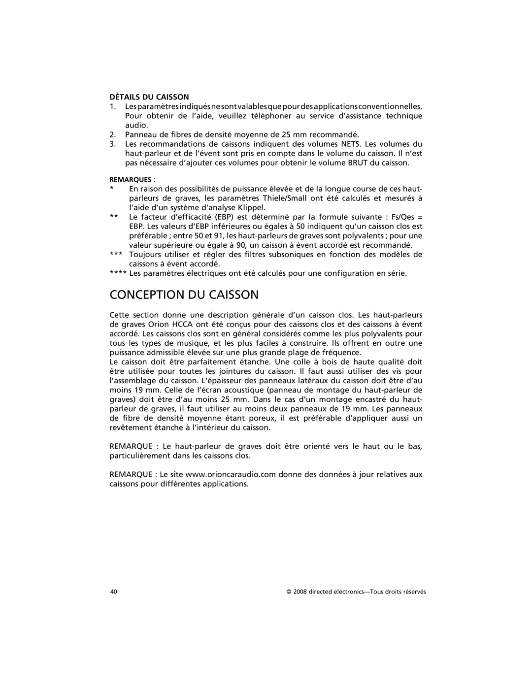 Orion Car Audio HCCA124, HCCA122, HCCA152, HCCA154, HCCA102, HCCA104 owner manual Conception DU Caisson, Détails DU Caisson 