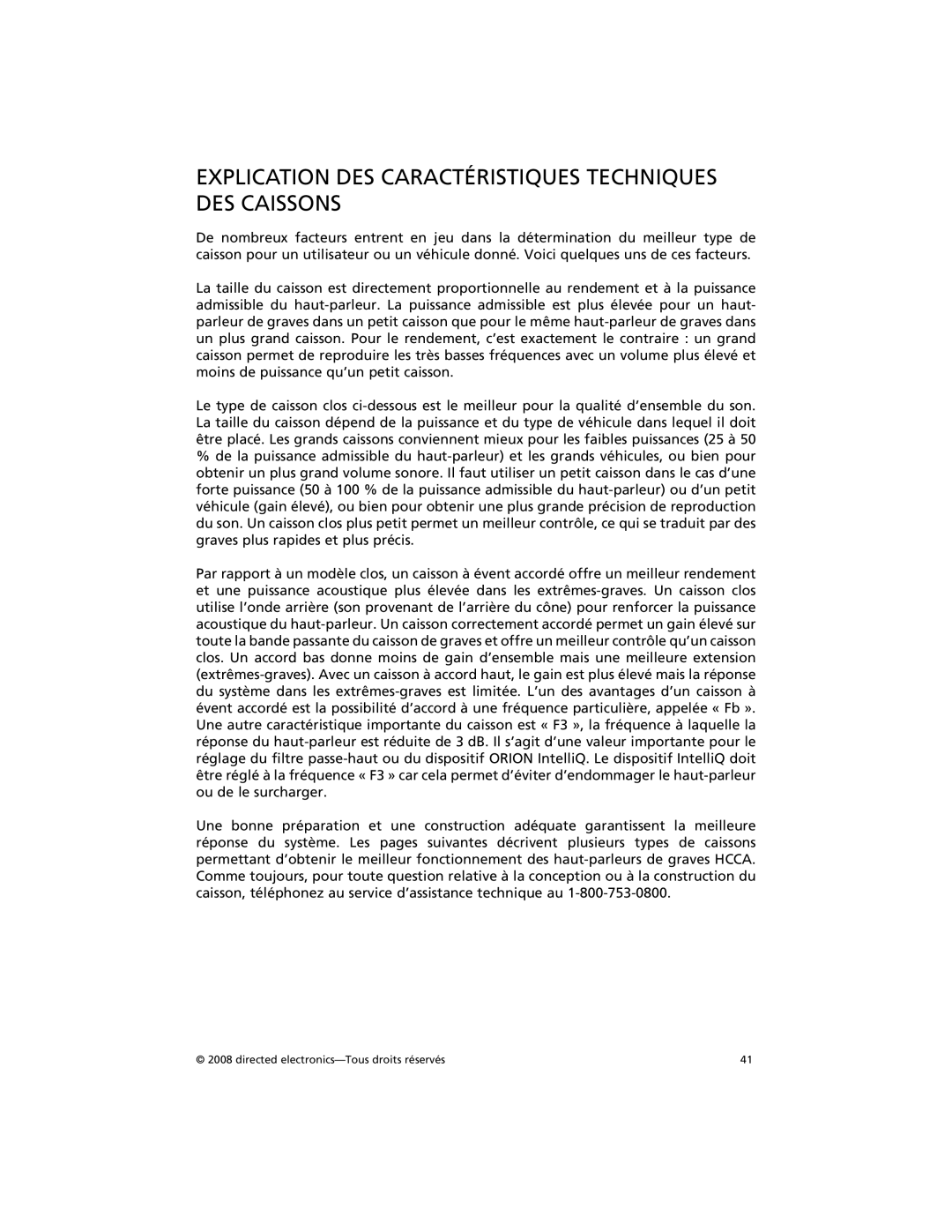 Orion Car Audio HCCA122, HCCA152, HCCA154, HCCA102, HCCA104, HCCA124 Explication DES Caractéristiques Techniques DES Caissons 