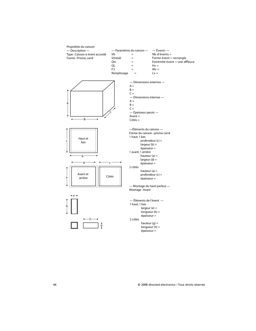 Orion Car Audio HCCA102, HCCA122, HCCA152, HCCA154, HCCA104, HCCA124 owner manual Propriétés du caisson 