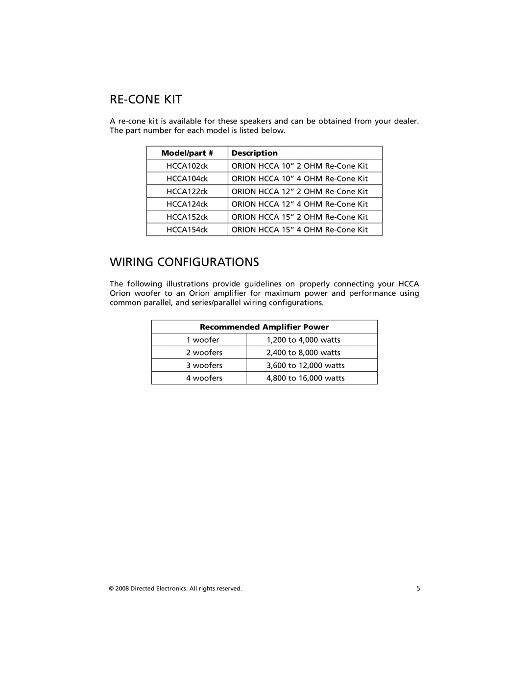 Orion Car Audio HCCA122, HCCA152 Re-Cone Kit, Wiring Configurations, Model Description, Recommended Amplifier Power 