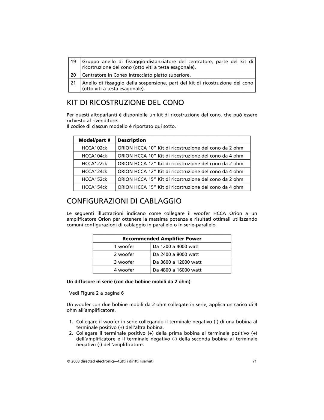 Orion Car Audio HCCA122, HCCA152, HCCA154, HCCA102, HCCA104 KIT DI Ricostruzione DEL Cono, Configurazioni DI Cablaggio 