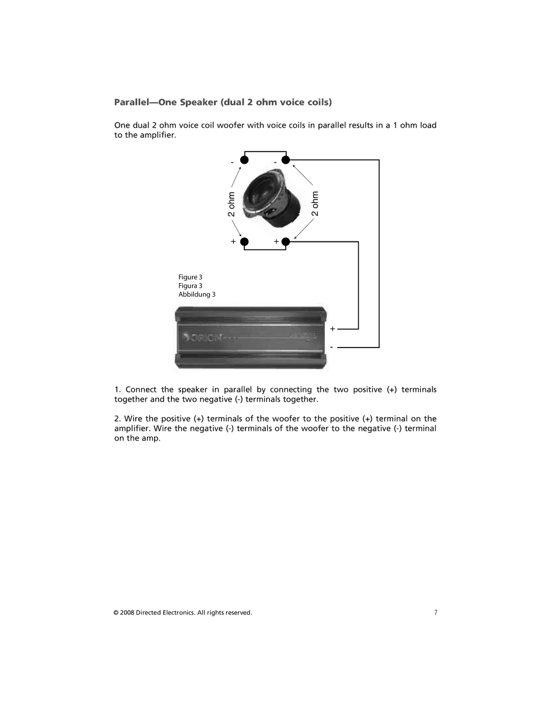 Orion Car Audio HCCA154, HCCA122, HCCA152, HCCA102, HCCA104, HCCA124 owner manual Parallel-One Speaker dual 2 ohm voice coils 