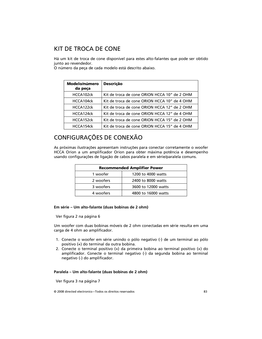 Orion Car Audio HCCA122, HCCA152, HCCA154 KIT DE Troca DE Cone, Configurações DE Conexão, Modelo/número Descrição Da peça 