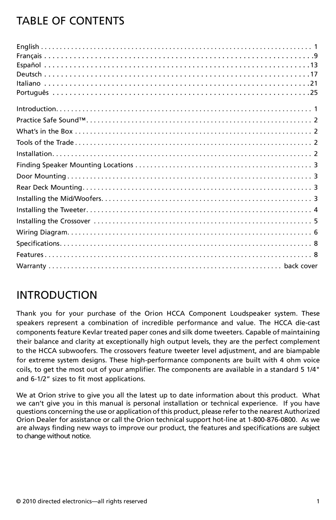 Orion Car Audio HCCA62, HCCA52 owner manual Table of Contents, Introduction 