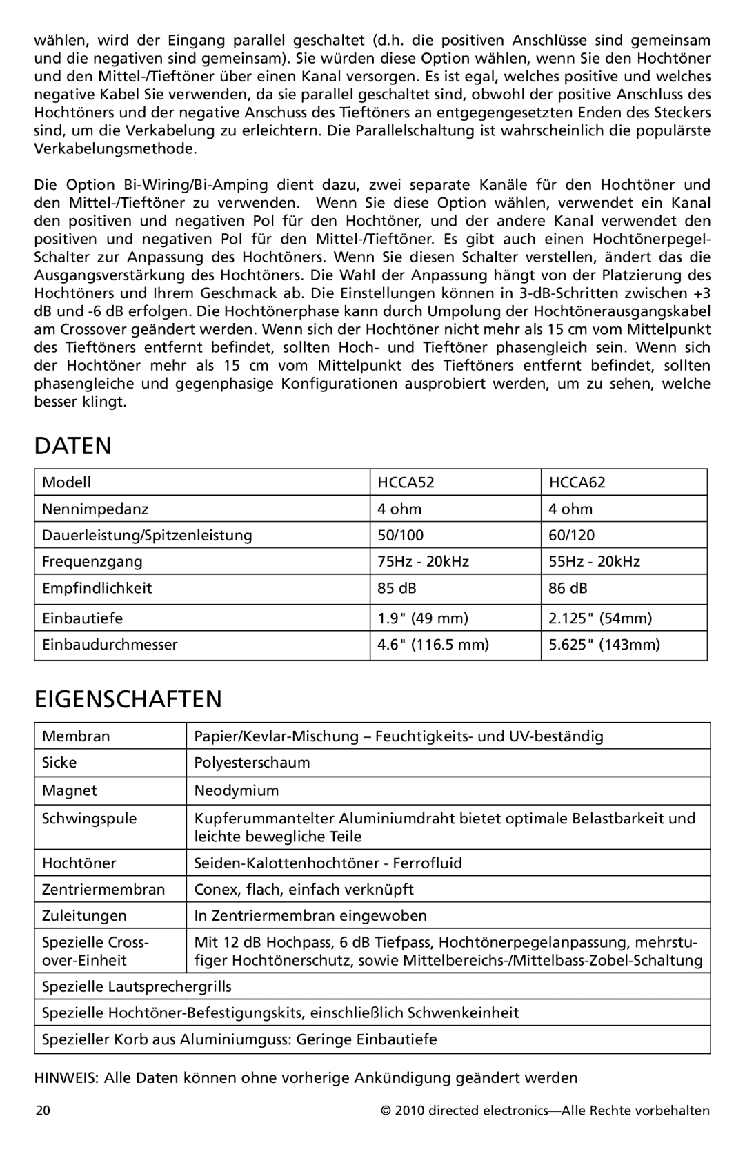 Orion Car Audio HCCA52, HCCA62 owner manual Daten, Eigenschaften 